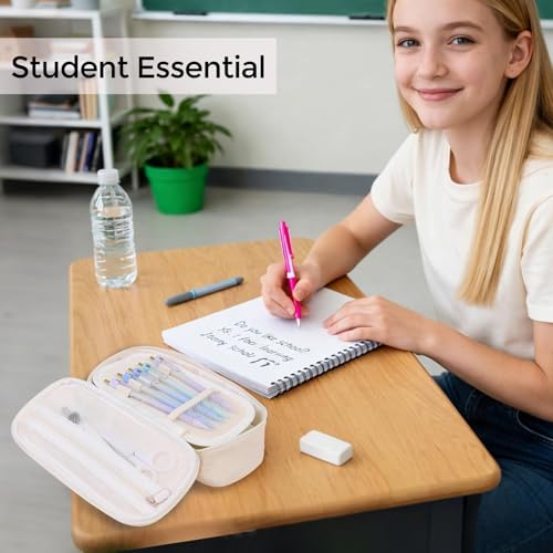 Beige Pencil Case for Girls & Boys – Large Capacity Zippered Pencil Pouch with Multi-Compartment, Aesthetic Pencil Bag for School & Office Supplies - view 5