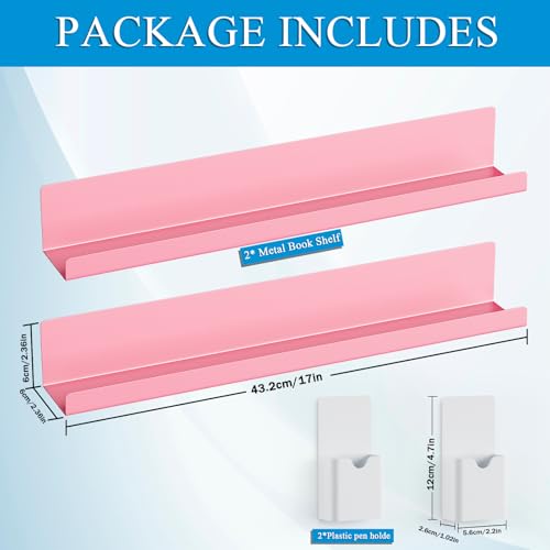 2-Pack Metal Magnetic Book Shelf: Modern Industrial Style, 2 Shelves with 2 Pen Holders, 10 lbs Capacity, Magnetic Shelf for Whiteboard, Classroom & Office Book File Display Rack (Pink) - view 3