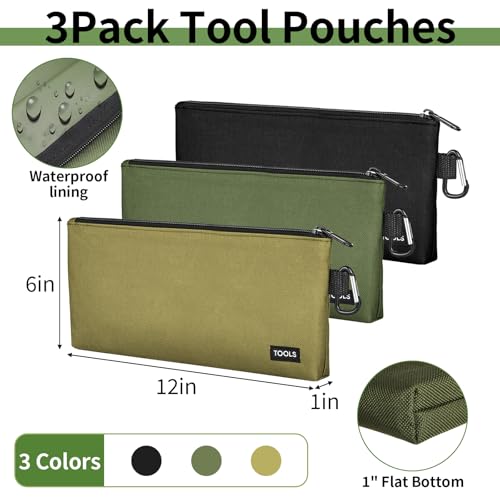 3 Pcs Zipper Tool Pouches, Flat Bottom Utility Bags with Carabiners - view 2