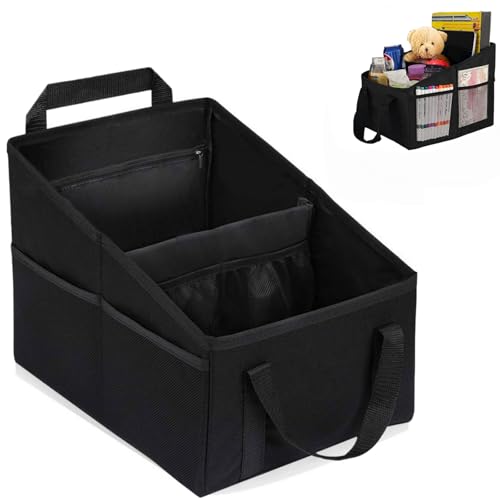 Car Seat Organizer for Front & Back Seat, Passenger Seat Organizer, Small Car Seat Storage Caddy for kids & Adult with Divide, Handles and Multiple Mesh Pockets (Black)