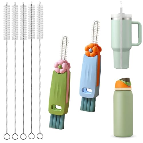 Straw Cleaner Brush Extra Long 13 inch Set for Stanley Owala Water Bottle 40 oz 32 oz 30 oz Tumble Cup Accessories Straw Brush with 3 in 1 Cup Lid Cleaning Brush (Green,Blue)