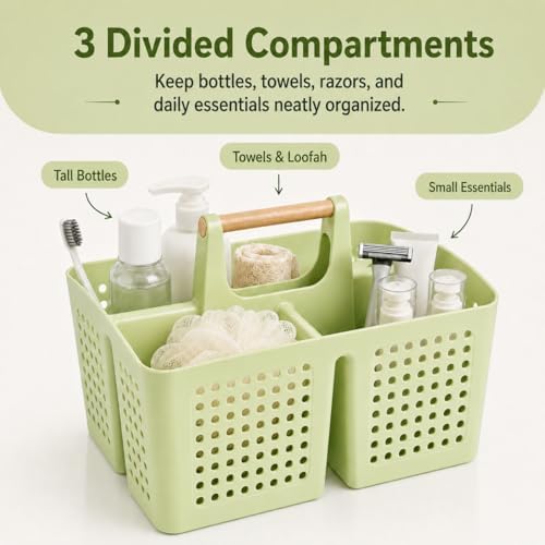 Portable Shower Caddy Basket with 3 Compartments and Handle, Grass Green - view 3