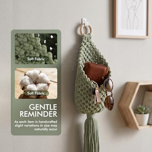 Macrame Wall Hanging Bags, 2 Pack Woven Pouches Boho Storage (Matcha Green) - view 5