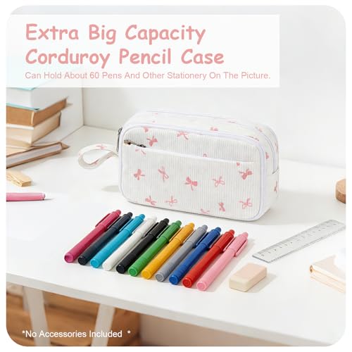 Large Capacity Cute Pencil Case, Aesthetic Pen Pouch, White with Pink Bow Pattern Pencil Bag, Kawaii Stationery Storage and Organizer, Supplies for Teen and Adult Girls - view 2