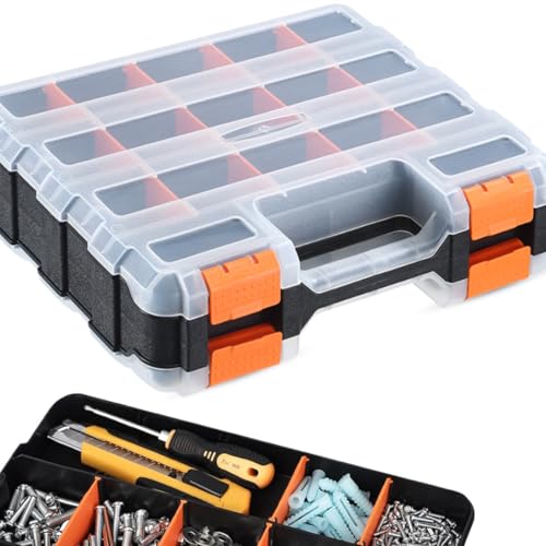 Andalus Tools Organizer Box, Small Parts Storage 34-Compartment Double-Sided Portable Hardware Organizer Removable Plastic Dividers for Screws, Nuts, Bolts, Nails – Orange (1 Pack, 12.5" x 10.5" x 3")