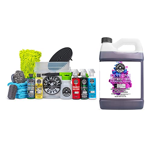 CWS207CW 14-Piece Arsenal Builder Car Wash Kit W/Foam Gun, Bucket & 5-16 oz Car Care Cleaning Chemicals (Works w/Garden Hose) + Extreme Bodywash & Wax Foaming Car Wash Soap 128 oz