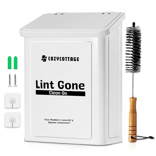 Magnetic Lint Bin for Laundry Room with Dryer Lint Brush - Slim Wall Mounted Trash Can with Lid - Modern Farmhouse Storage Organizer & Debris Collector - Space-Saving White Metal Holder
