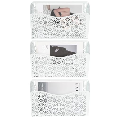 3 Pack Hollow Design Wall-Mounted File Organizer - Heavy Duty Metal, Vertical Space Saving, Letter Size Single Pocket Holder for Office, Home, School, White