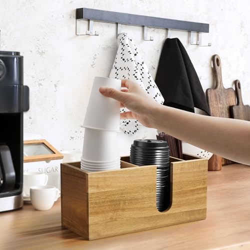 Large Acacia Wood Coffee Cup Organizer for Disposable Cups, Lids and Stir Sticks - 3-Compartment Countertop Cup Holder Storage Rack for Coffee Station, Kitchen, Office - view 5