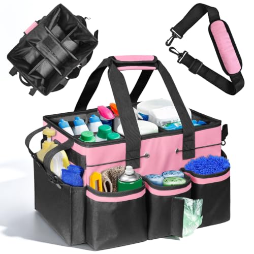 Cleaning Bags for Housekeepers, Large Cleaning Supplies Organizer with Handles & Shoulder Strap, Cleaning Caddy Bag with Foldable Divider for Cleaners, Car Horse Cleaning Bag(Pink)