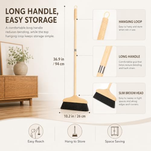 Horsehair Broom for Hardwood Floors, Soft Bristle Indoor Sweeping Brush with Pine Wood Head, Anti-Static Dust Remover for Home Kitchen, 37 Inch Wood Long Handl - view 3