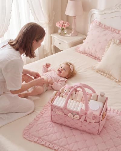 Baby Diaper Caddy Organizer, Nursery Basket, Bow Light Pink - view 6