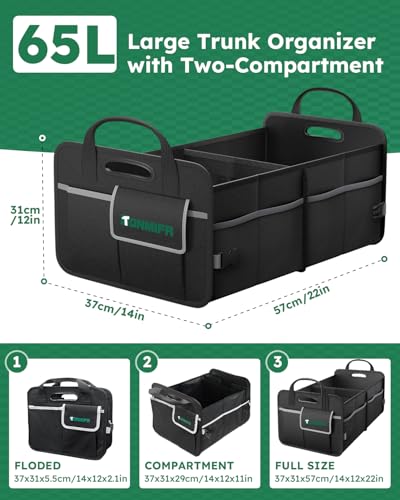 2-Compartment Trunk Organizer & Multi-Compartment Storage Box 600D Waterproof Oxford, with Reflective Strips and 8 Side Mesh Pockets for SUV, Sedan, Minivan- Heavy-Duty Car Organiser(65L) - view 3