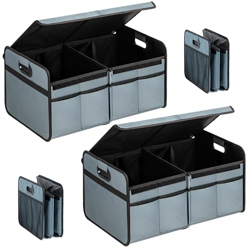 Car Trunk Organizer with Lid, Collapsible 2 Compartment 50L Automotive Storage Box with 5 Pocket, 600D Waterproof Oxford Polyester, Non Slip Bottom, Grey-Green, 2 Pack