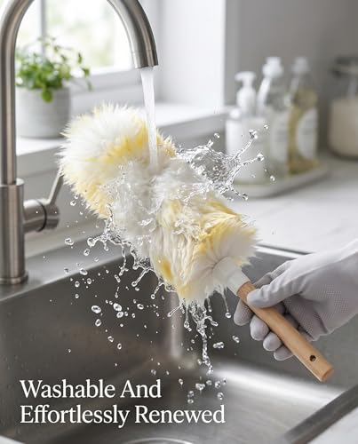 2Ft Pure Lambswool Duster with Solid Wood Handle, Non-Scratch Dusting Wand with Natural Lanolin for Cleaning Ceiling Fans, Window Blinds, Keyboards and Dashboards (Gradient Yellow, 2Ft) - view 7