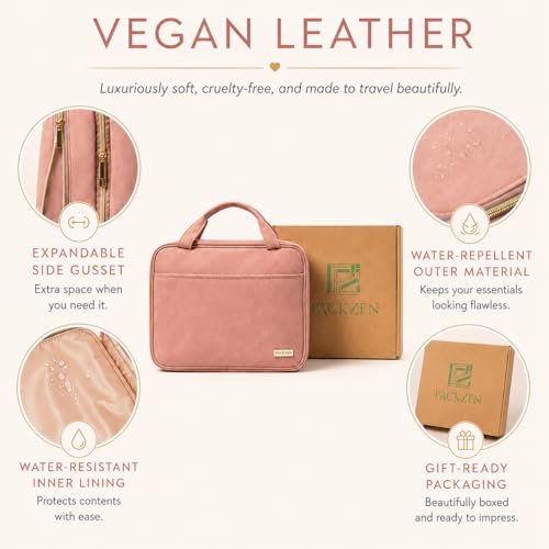 Pink Hanging Travel Toiletry Bag for Women, Large Makeup Bag and Cosmetic Organizer, Soft-touch Vegan Leather, TSA Approved Clear Pouch, Gifts for Women - view 3