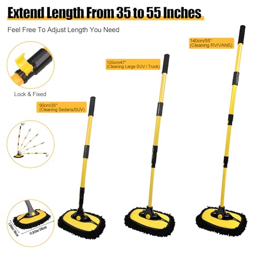 Car Wash Brush with Long Handle, 55 inch Car Wash Mop Car Wash Kit Mitt Retractable Bent Pole Car Wash Brush for Cars RV Truck Boat - view 2