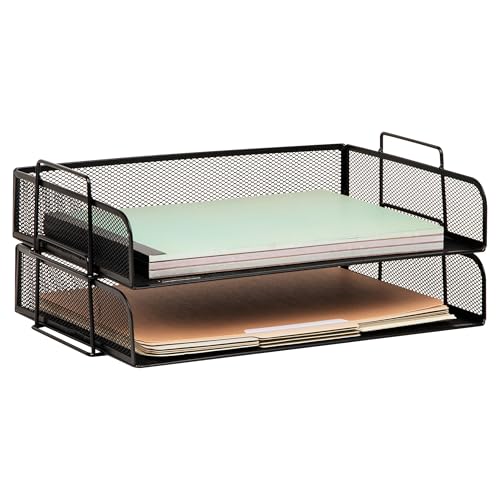 Stackable Paper Tray, Desktop Organizer, File Storage, Office, Metal Mesh, 2 Pcs., Black