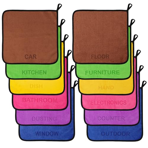 Microfiber Cleaning Cloth Set - 12 Pack Microfiber Towel 12"x12" with Printed Use Labels, Color-Coded Dish Rags Cleaning Towels, Reusable Rags for House, Kitchen, Car, Bathroom, Outdoor