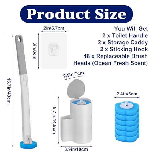 2 Pack Disposable Toilet Brush and Holder Set, Extended Handle Toilet Bowl Cleaner Wand with 48 Refills Replacement Heads Pads Bathroom Maintenance Bathtub Stick Cleaning System Starter Kit - view 2