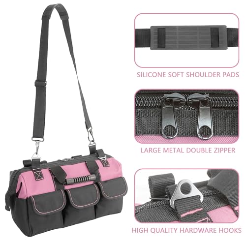 Garden Tools Bag 16inch Wide Mouth Women's Tool Bag with Molded Base and Plastic-Padded, Inside Pockets for Tool Storage,600D polyester fabric (Pink color) - view 5