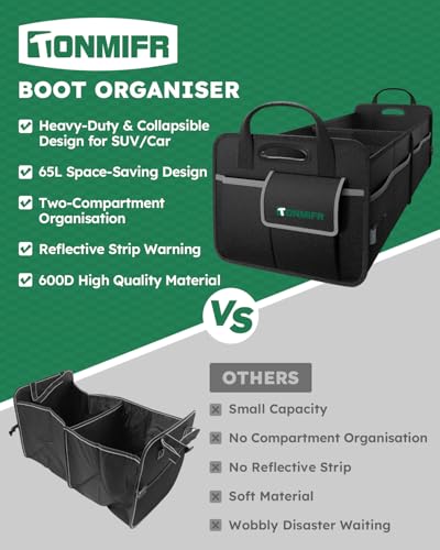 2-Compartment Trunk Organizer & Multi-Compartment Storage Box 600D Waterproof Oxford, with Reflective Strips and 8 Side Mesh Pockets for SUV, Sedan, Minivan- Heavy-Duty Car Organiser(65L) - view 4