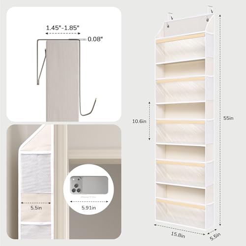 5 Tiers Natural Bamboo Over Door Organizer with 10 Mesh Side Pockets, 50 lbs Weight Capacity Hanging Storage Organizer with Clear Window Kids Toys, Shoes, Diapers, Warm Beige - view 2