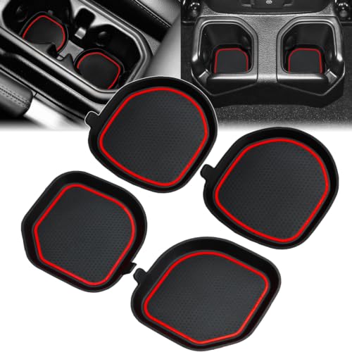 Auto Cup Holder Inserts Coaster Fit for 2018-2023 Wrangler JL JLU 2020-2023 Gladiator Accessories JT Cup Mat Pad Interior Decoration(Red Trim, 4-pcs kit, for deep Rear Cup Holders)