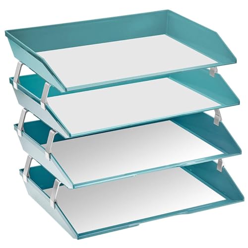4 Tier Paper Letter Tray Side Load Letter Size, Office Desk File Document Organizer Plastic (Solid Green) - view 3