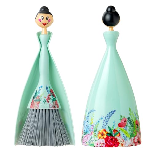 Mini Broom and Dustpan Set - Small Broom and Dustpan, Hand Broom for Desk, Kitchen, Car, Crumb Brush for Dust & Pet Hair, Decorative Doll Design, Portable Dust Pan Brush for Indoor - Turquoise