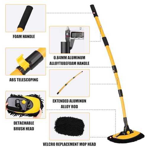 Car Wash Brush with Long Handle, 55 inch Car Wash Mop Car Wash Kit Mitt Retractable Bent Pole Car Wash Brush for Cars RV Truck Boat - view 3