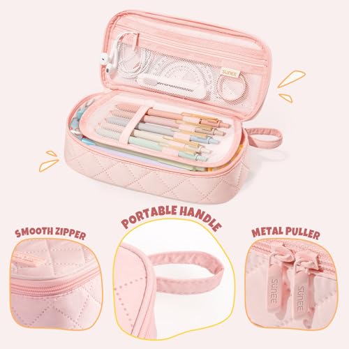Cute Pencil Case, Large Capacity Pencil Pouch Aesthetic Zipper Pencil Bag, Big Storage Pen Organizer for Stationery, Soft Quilted Pencil Box Back to School Supplies for Teen Girls Boys,Soft Pink - view 6
