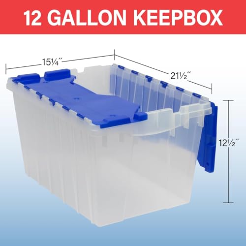KeepBox 12 Gal Storage Box, Lid Attached, Stackable, Clear/Blue - view 3