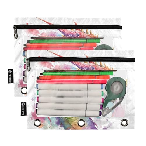 Watercolor Dragon Pencil Pouch for 3 Ring Binder, 2 Pack Waterproof Pencil Bags Clear Window Zipper School Office Supplies - view 2