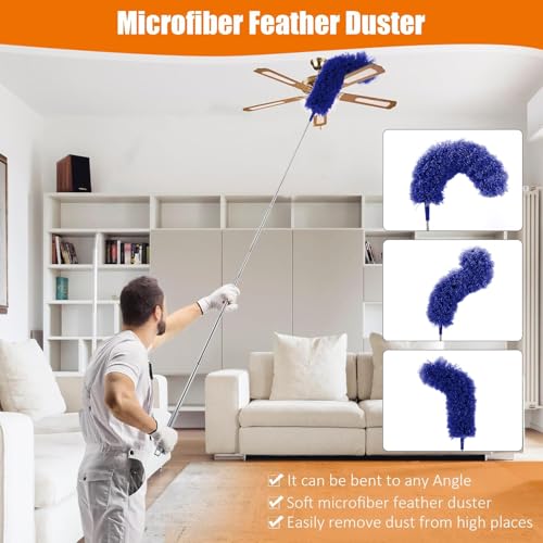 4 Pcs Microfiber Cobweb Duster with 100-inch Extendable Pole, Washable and Reusable Feather Cleaning Duster Kit with 3 Duster Heads,Dusters for Cleaning with Telescopic Pole for High Ceiling Fan,Blue - view 5