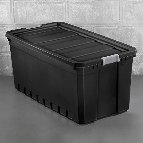 50-Gallon Large Stackable Rugged Industrial Storage Tote Container with Gray Latching Clip Lid for Garage, Attic, Worksite, or Camping - view 5