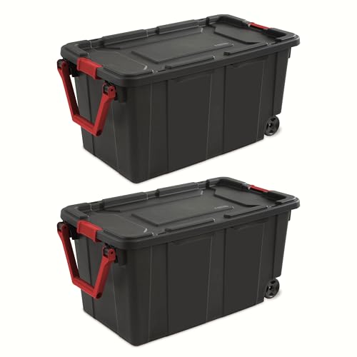 Industrial Storage Tote with Wheels, Black, 40 Gallon, Heavy Duty Plastic Container, Handle and Latches, 36.75x21.38x18 Inch, Set of 2