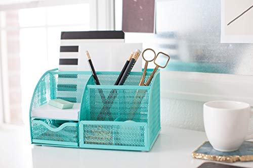 Aqua Desk Organizer | Metal Turquoise Stationery Holder With Drawer and Compartments | Desktop Storage for School, Bedroom, Locker and Home | 5.5”D x 8.6”W x 5”H Accessory Caddy - view 4