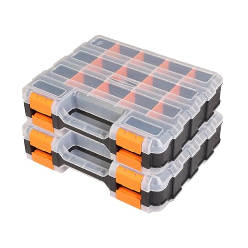 Tool Box with Transparent Lid, Double Side 34-Compartments Organizer Box with Removable Dividers for Hardware, Screws, Bolts, Nails, Beads, Jewelry and Fishing Accessories, Orange, 2 Pack