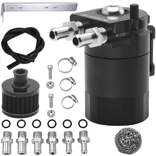 Oil Catch Can, 300ML Baffled Oil Can with Breather Filter, Universal Aluminum Air Oil Separator Breather Tank with 3/8" ID Fuel Hose Kit,Crankcase Ventilation System for Car Engine Protection