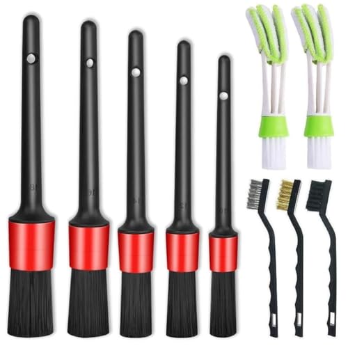 11Pcs Auto Detailing Set, Boar Hair Brushes, Steel Wire & A/C Brushes, Red, Soft Bristles, Wood Handles for Cleaning Interior, Exterior, Leather, 6 Sizes