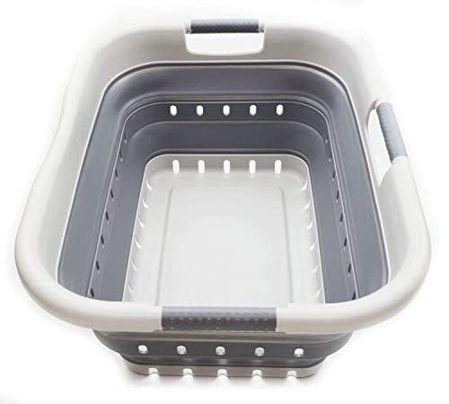 41L Collapsible 3 Handled Plastic Laundry Basket - Foldable Pop Up Storage Container/Organizer - Portable Basket - Space Saving Hamper/Basket (3 handled rectangular, Grey/Dark Grey)