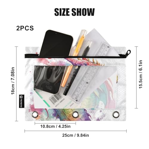 Watercolor Dragon Pencil Pouch for 3 Ring Binder, 2 Pack Waterproof Pencil Bags Clear Window Zipper School Office Supplies - view 3
