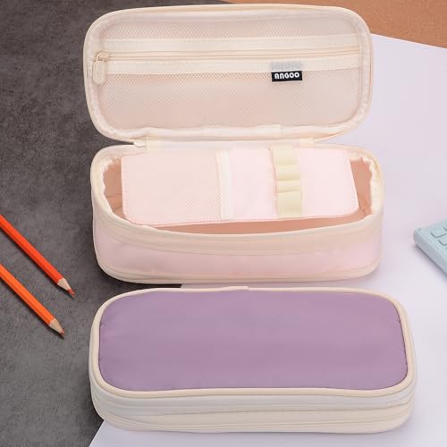 Large Capacity Canvas Pencil Case Organizer Holder Pouch Bag with Zipper Compartments, Pen Cases for Women Girls School Adults (Pink) - view 6