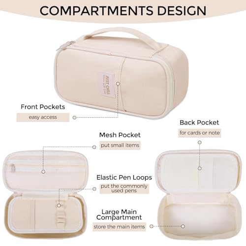 Beige Pencil Case for Girls & Boys – Large Capacity Zippered Pencil Pouch with Multi-Compartment, Aesthetic Pencil Bag for School & Office Supplies - view 2
