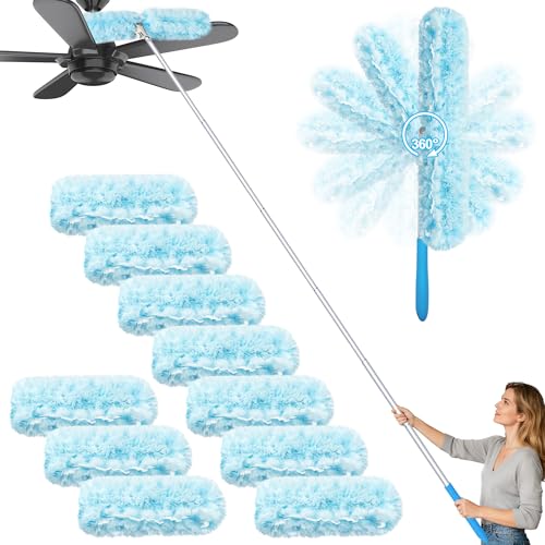 Duster with 6 ft Extension Pole, 10 Refills Compatible with Swiffer Super Extendable Handle Heavy Duty Dusting Wand Starter Kit for Cleaning High Ceiling Fan Shelves Vent Window Blind