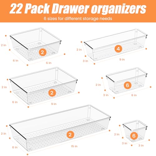 22 Pcs Drawer Organizer Bins, Acrylic Non Slip Kitchen Drawer Organizers Storage Tray Divider, Multifunctional Storage for Cosmetics, Bathroom, Tools, Kitchen and Office - view 2