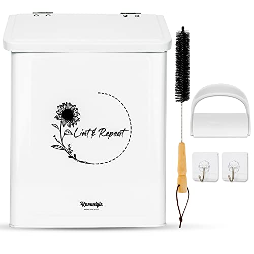 Metal Magnetic Lint Bin for Laundry Room Decor - Laundry Room Trash Can with Dryer Lint Brush for Dryer Vent – Metal Laundry Lint Bin with Clothes Lint Roller
