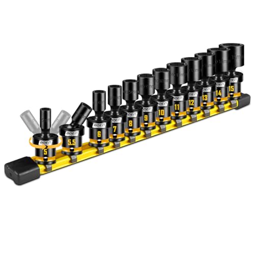 12-Piece 1/4" Drive Metric Impact Swivel Socket Set (5-15mm), 6-Point Shallow Wobble Sockets, Cr-Mo Steel, Includes Storage Rail