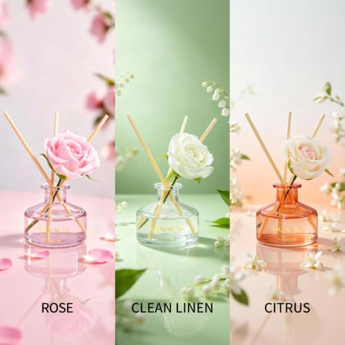 Reed Diffuser Set 3 Pack Rose Clean Linen Citrus Scented Air Freshener, Reed Diffusers for Home 3.38oz Each, Long Lasting Home Fragrance for Home Bathroom Office Decor, Women Birthday - view 2